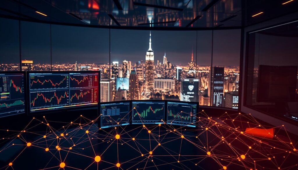 A sleek and sophisticated trading desk, illuminated by the warm glow of multiple high-resolution displays. In the foreground, a series of dynamic machine learning models visualized as interconnected neural networks, their nodes pulsing with real-time market data. The middle ground features a CRYPTOMAXIMAL trading terminal, its interface a tapestry of advanced analytics and predictive algorithms. In the background, a panoramic view of a bustling city skyline, reflecting the global nature of the financial markets. The scene exudes an air of authority, professionalism, and technological mastery, embodying the power of AI-driven crypto trading strategies.