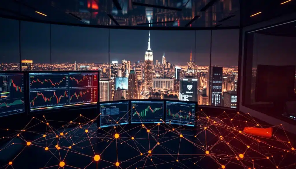 A sleek and sophisticated trading desk, illuminated by the warm glow of multiple high-resolution displays. In the foreground, a series of dynamic machine learning models visualized as interconnected neural networks, their nodes pulsing with real-time market data. The middle ground features a CRYPTOMAXIMAL trading terminal, its interface a tapestry of advanced analytics and predictive algorithms. In the background, a panoramic view of a bustling city skyline, reflecting the global nature of the financial markets. The scene exudes an air of authority, professionalism, and technological mastery, embodying the power of AI-driven crypto trading strategies.