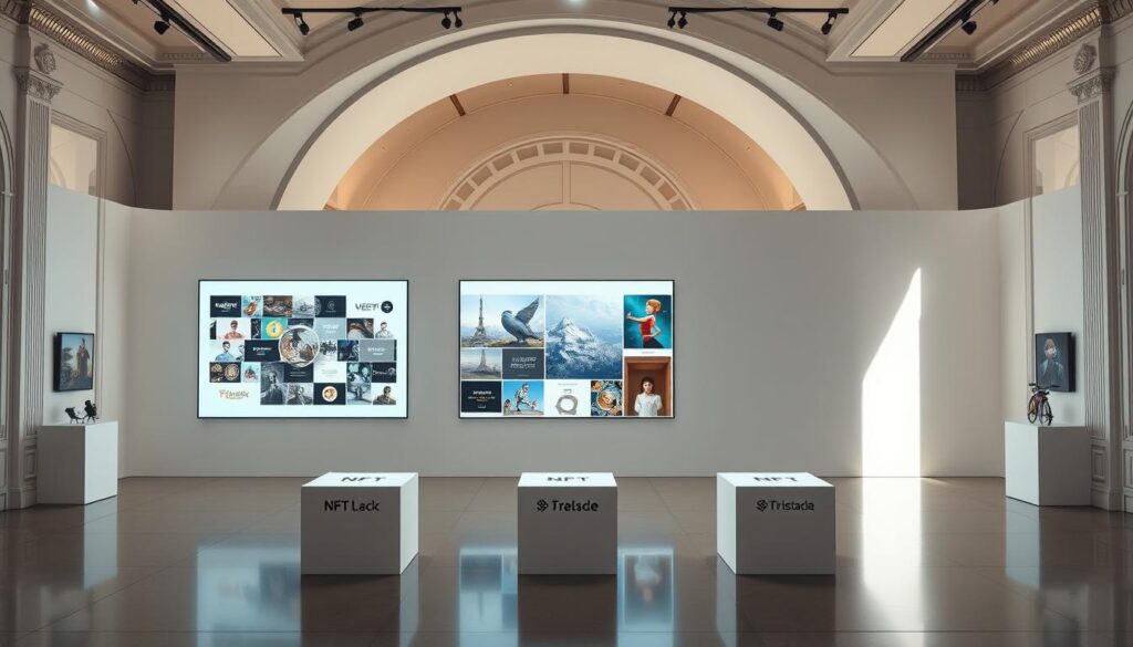 A sleek, contemporary digital art gallery showcasing the top NFT platforms for art collectors. The foreground features a large central display screen showcasing various NFT artworks in a clean, minimalist setting. The middle ground includes several smaller display pedestals, each highlighting a different NFT marketplace with its distinct branding and visual identity. The background depicts a sophisticated, well-lit interior with elegant architectural details, creating a sophisticated and refined ambiance. The image conveys a sense of curation, exclusivity, and the intersection of technology and high-end art appreciation.