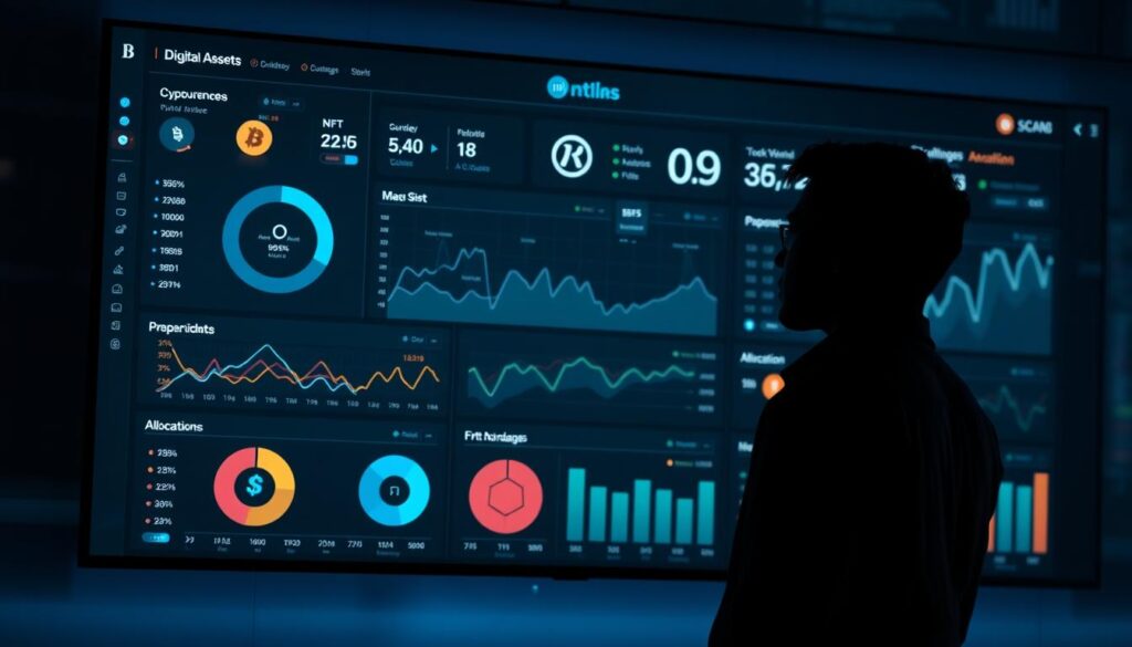 A sleek digital dashboard displaying a comprehensive portfolio of diverse digital assets, including cryptocurrencies, NFTs, and other emerging virtual investments. The interface features interactive charts, performance metrics, and allocation visualizations, bathed in a cool, minimalist color palette. Reflected in the display are the shadows of the portfolio manager, deep in contemplation, as they navigate the dynamic digital landscape, making informed decisions to optimize their client's digital asset portfolio. The scene is captured in a high-resolution, cinematic composition, with a depth of field that emphasizes the focal points and creates a sense of immersion in the world of digital asset management.