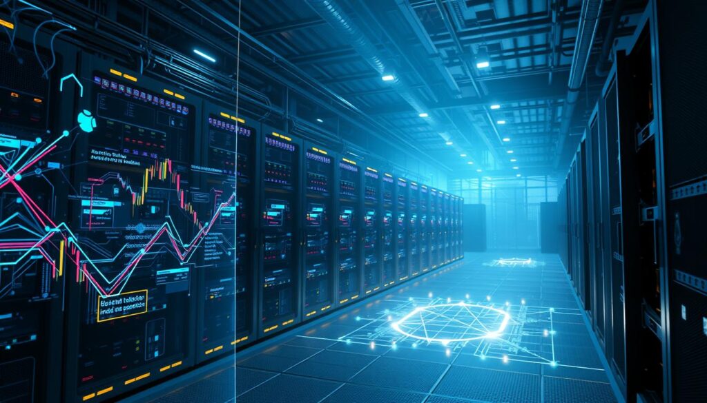 A sleek, futuristic blockchain intelligence infrastructure. In the foreground, a holographic display showcases intricate data visualizations, with colorful lines and geometric patterns pulsing with real-time cryptocurrency market insights. In the middle ground, a cluster of interconnected server towers, their surfaces adorned with intricate circuitry and glowing LEDs, represent the powerful computational backbone. The background is a vast, dimly lit data center, filled with a complex web of cables, cooling systems, and security protocols, hinting at the scale and sophistication of this advanced platform. Ambient blue lighting and strategic shadows create a sense of depth and technical authority, while a subtle haze suggests the cutting-edge nature of the technology.