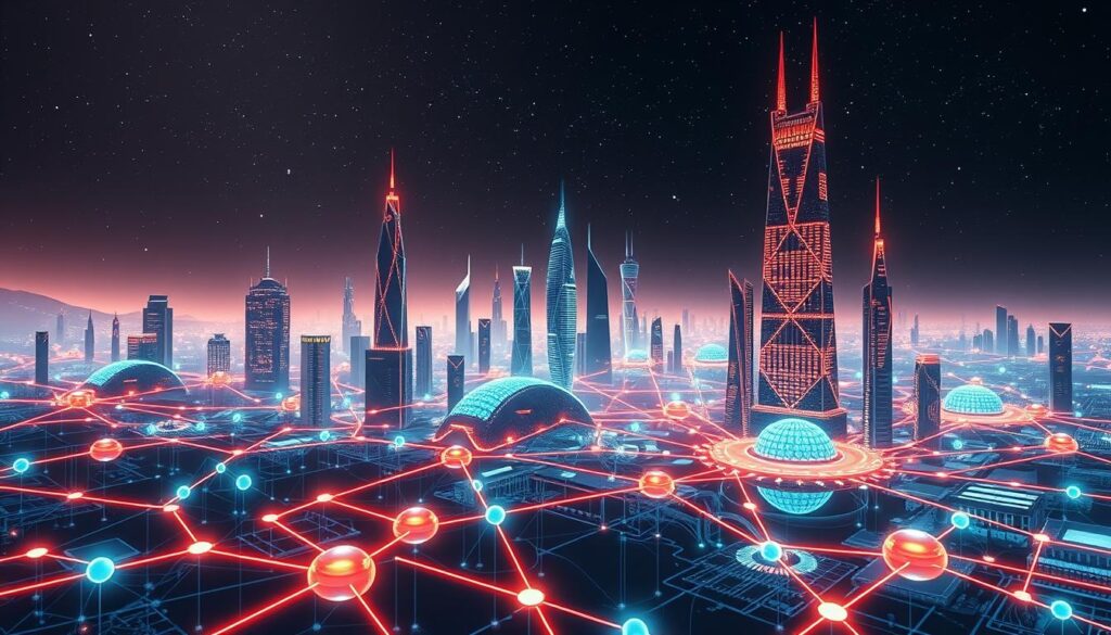 A sleek, futuristic blockchain landscape, bathed in a warm, ambient glow. In the foreground, a complex network of interconnected nodes and transaction flows, glowing with a vibrant, neon-like energy. In the middle ground, towering, data-driven skyscrapers and structures, their facades adorned with intricate patterns and digital iconography. The background is a vast, ethereal expanse, with a starry night sky and faint holographic projections, creating a sense of depth and technological transcendence. The overall scene conveys the dynamic, ever-evolving nature of the cryptocurrency blockchain, a testament to the power of decentralized, distributed ledger technology.