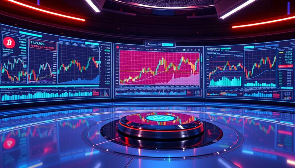 A sleek, futuristic trading dashboard displays a panoramic view of cryptocurrency exchange data. Sleek holographic interfaces showcase vibrant charts and graphs, conveying the depth and complexity of the crypto market. The scene is bathed in a warm, neon-tinged glow, creating an atmosphere of technological sophistication and financial insight. Subtle reflections from the holographic displays cast a mesmerizing pattern across the glossy, chrome-accented surfaces. The overall composition evokes a sense of control, precision, and the ability to navigate the dynamic world of cryptocurrency trading.