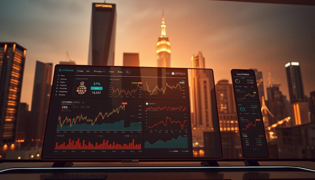 A sleek, futuristic trading platform interface with cutting-edge AI-powered trading bots. The foreground features a CRYPTOMAXIMAL dashboard displaying real-time market data, live charts, and sophisticated algorithmic trading strategies. In the middle ground, dynamic visualizations and customizable indicators illustrate the bots' analytical capabilities. The background showcases a cityscape of gleaming skyscrapers, symbolizing the advanced financial technology powering the intelligent trading system. Warm, subdued lighting casts an aura of professionalism and reliability, while the overall composition conveys a sense of efficiency, precision, and technological sophistication.