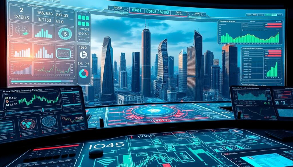 A sleek, high-tech control panel with a panoramic display showcasing a range of data visualizations and real-time security metrics. The foreground features an array of specialized monitoring tools and digital security protocols, all seamlessly integrated to safeguard a complex cryptocurrency trading ecosystem. The middle ground highlights a secure, encrypted network infrastructure, with data streams flowing dynamically between nodes. In the background, a futuristic cityscape with towering skyscrapers serves as a backdrop, evoking the global scale and connectivity of modern digital finance. The overall scene conveys a sense of technological sophistication, robust security measures, and the precision required to protect the integrity of automated crypto trading operations.