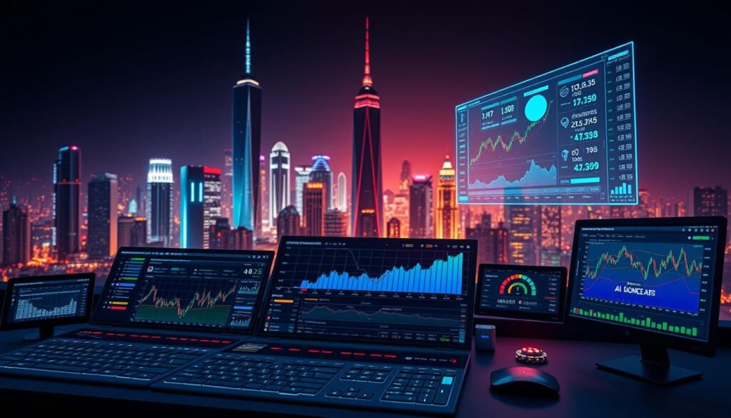 A sleek, high-tech trading dashboard set against a futuristic cityscape. In the foreground, an array of advanced trading tools and analytics, including real-time market data, customizable charts, and AI-powered trend indicators. The middle ground features a holographic display showing complex trading strategies, while in the background, towering skyscrapers and a vibrant, neon-lit skyline convey a sense of the cutting edge of financial technology. The lighting is sharp and dramatic, casting long shadows and highlighting the precision and power of the tools. The overall mood is one of technological sophistication, innovation, and the seamless integration of human expertise and artificial intelligence.
