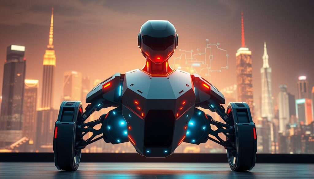 A sleek, metallic AI-powered crypto trading bot stands at the center of the frame, its geometric chassis illuminated by a warm, ambient glow. The bot's advanced sensors and algorithms are represented by a network of pulsing lights and holographic displays, creating an immersive, futuristic atmosphere. In the background, a cityscape of skyscrapers and neon-lit financial districts fades into the distance, symbolizing the bot's integration with the global cryptocurrency markets. The composition is balanced, with a sense of dynamism and technological sophistication, capturing the essence of automated, AI-driven cryptocurrency trading.