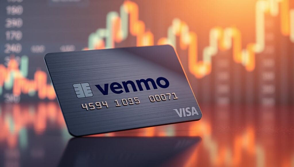 A sleek, metallic Venmo credit card set against a backdrop of a gleaming cryptocurrency chart. The card is positioned at a dynamic angle, capturing its reflective surface and sharp edges. Soft, ambient lighting casts a warm, inviting glow, highlighting the card's tactile texture and premium finish. The cryptocurrency chart in the background subtly pulses with shifting values, creating a sense of financial dynamism. The overall composition conveys the idea of a flexible, crypto-integrated payment solution that seamlessly blends form and function.
