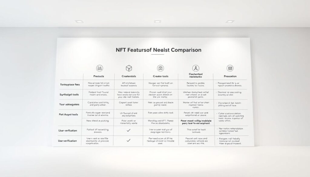 A sleek, minimalist comparison chart showcasing the key features of leading NFT marketplaces. The chart is presented against a clean, white background, with a soft, diffused lighting creating a professional, elegant atmosphere. The chart is organized into clear sections, with icons and concise text highlighting aspects like marketplace fees, supported blockchain networks, creator tools, and user verification processes. The layout is visually balanced, drawing the viewer's eye through the key details in an intuitive, informative manner. An overall sense of sophistication and utility pervades the scene, aligning with the subject of guiding digital art collectors towards the best NFT platforms for their needs.