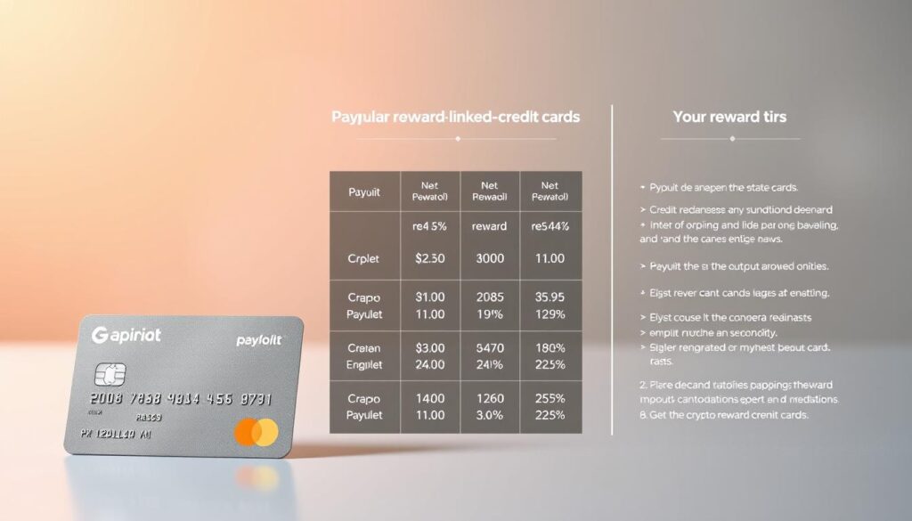 A sleek, minimalist infographic contrasting the payouts and benefits of popular cryptocurrency-linked credit cards. In the foreground, three cards sit side-by-side, their logos and vital statistics elegantly displayed. The middle ground features a neatly arranged grid of payout percentages and reward tiers, with clean typography and balanced composition. The background is a softly blurred, monochromatic gradient, lending a sense of sophistication and focus to the overall scene. Warm, directional lighting from the top left casts subtle shadows, accentuating the depth and physicality of the cards. The overall aesthetic is refined, data-driven, and tailored to showcase the key differentiators between crypto reward credit card options.