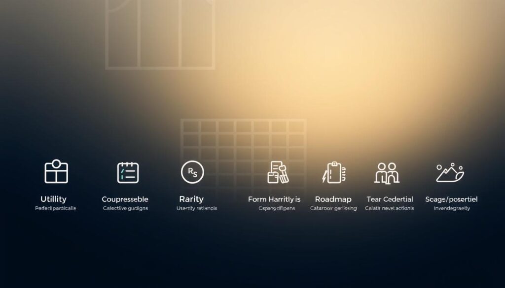 A sleek, minimalist infographic showcasing the key criteria for evaluating promising NFT projects. In the foreground, a series of clean, modern icons representing factors like utility, rarity, roadmap, and team credentials. The midground features a subtle grid layout with concise, legible labels. In the background, a soft, gradient-infused color palette evokes a sense of professionalism and authority. Lighting is crisp and balanced, with a hint of depth-of-field blur to draw the viewer's focus. The overall composition conveys a sense of clarity, objectivity, and practical guidance for discerning high-potential NFT investments.
