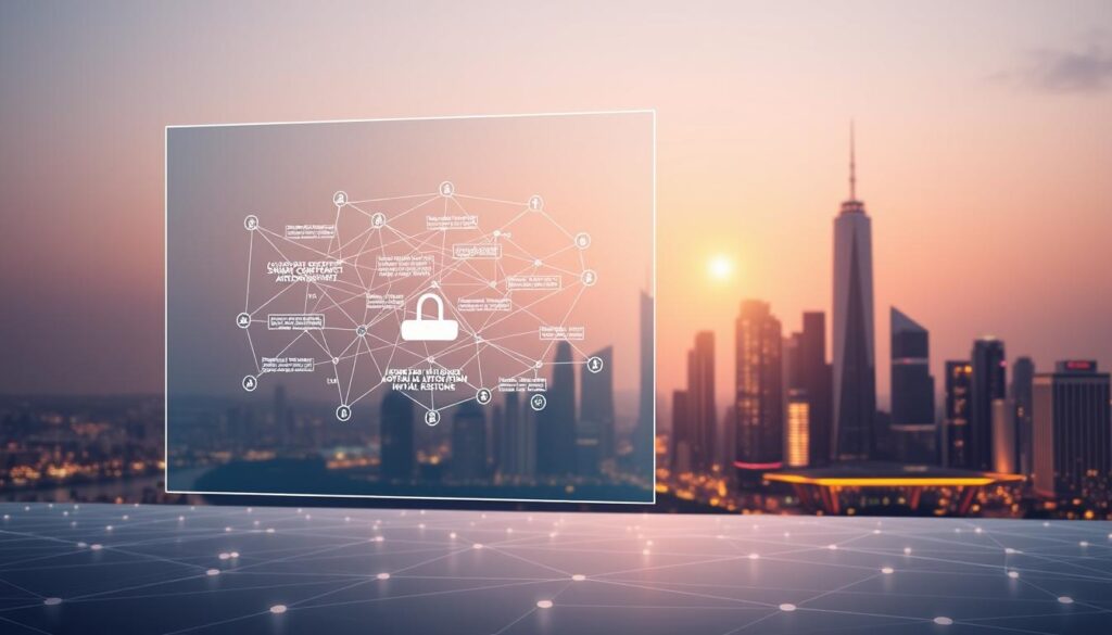 A sleek, minimalist interface depicting a smart contract automation example. In the foreground, a transparent screen displaying a dynamic, interconnected web of digital agreements, their terms and conditions automatically executed. The middle ground features a stylized blockchain network, its nodes communicating seamlessly. In the background, a serene, futuristic cityscape with gleaming skyscrapers bathed in a soft, warm glow, symbolizing the wider technological and societal implications of this innovation. The overall mood is one of efficiency, precision, and progress, capturing the essence of smart contract automation as a transformative force in the blockchain landscape.