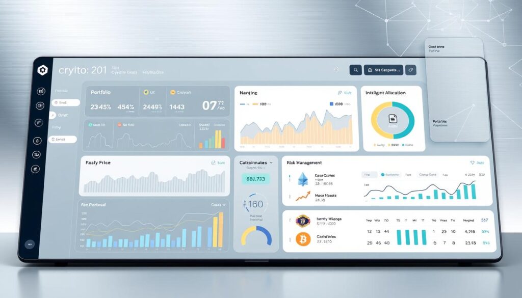 A sleek, modern AI-powered cryptocurrency portfolio management dashboard, featuring an intuitive user interface with interactive graphs, charts, and data visualizations. The dashboard is set against a minimalist, metallic-toned backdrop, with a clean, futuristic aesthetic. In the foreground, a transparent display panel showcases real-time market data, portfolio performance, and intelligent investment recommendations powered by advanced machine learning algorithms. The middle ground highlights customizable portfolio allocation tools and risk management features, while the background features a stylized, blockchain-inspired pattern, conveying the cutting-edge technology that underpins the AI-driven portfolio management system.
