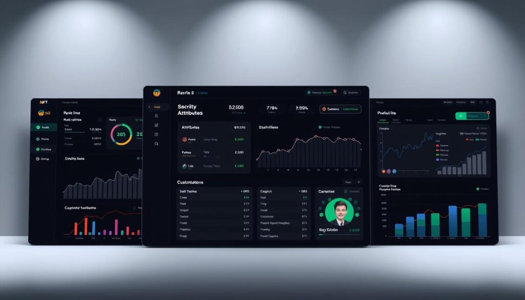 A sleek, modern NFT analytics dashboard with a clean, minimalist design. In the foreground, a large central panel displays detailed rarity information for a selected NFT, including its rank, attributes, and statistical analysis. Surrounding this, smaller panels show real-time market data, price trends, and customizable visualizations. The background features a dark, neutral color scheme with subtle geometric patterns, creating a sense of sophistication and professionalism. The lighting is crisp and directional, highlighting the dashboard's various interactive elements. The overall mood is one of data-driven insights and informed decision-making for savvy NFT collectors and investors.