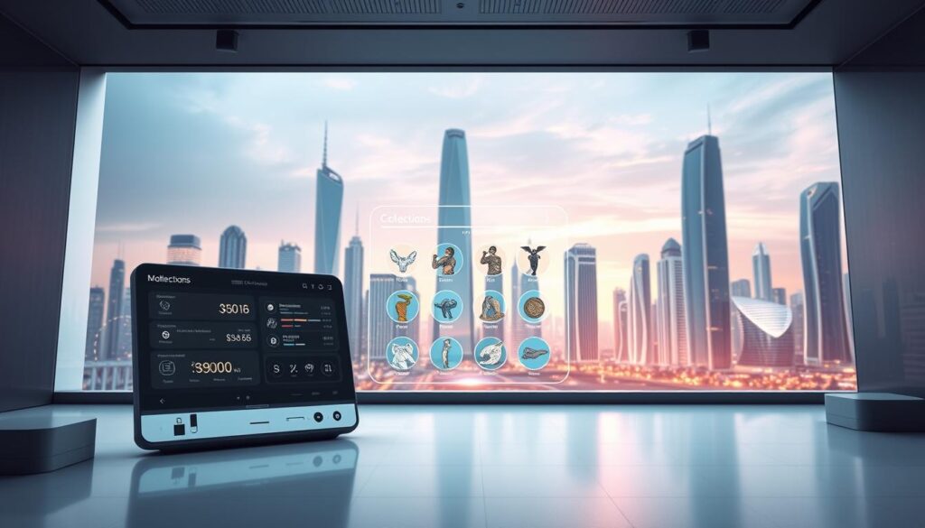 A sleek, modern NFT wallet marketplace setup in a minimalist, high-tech environment. In the foreground, a stylized digital wallet interface with intuitive controls and a clean, monochrome color scheme. In the middle ground, a large, holographic display showcases available NFT collections, with smooth animations and seamless user interactions. The background features a futuristic cityscape, with tall, gleaming skyscrapers and a vibrant, neon-tinged skyline, conveying a sense of innovation and technological progress. Soft, directional lighting from above casts a warm, inviting glow across the scene, creating depth and emphasizing the premium, high-end atmosphere.
