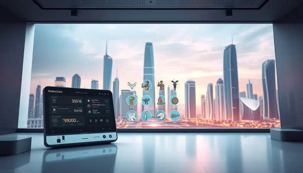 A sleek, modern NFT wallet marketplace setup in a minimalist, high-tech environment. In the foreground, a stylized digital wallet interface with intuitive controls and a clean, monochrome color scheme. In the middle ground, a large, holographic display showcases available NFT collections, with smooth animations and seamless user interactions. The background features a futuristic cityscape, with tall, gleaming skyscrapers and a vibrant, neon-tinged skyline, conveying a sense of innovation and technological progress. Soft, directional lighting from above casts a warm, inviting glow across the scene, creating depth and emphasizing the premium, high-end atmosphere.