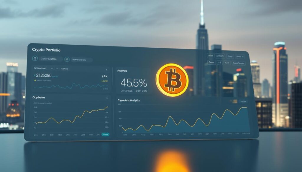 A sleek, modern crypto portfolio dashboard with a clean, minimalist design. In the foreground, a minimalist interface with intuitive graphs, charts, and analytics tracking the user's digital assets. The middle ground features a stylized 3D cryptocurrency token model, softly illuminated with a warm glow. The background depicts a futuristic cityscape with skyscrapers and glowing neon lights, creating a sense of technological sophistication. Soft, diffused lighting casts dramatic shadows, establishing a professional, high-tech atmosphere. The overall composition conveys a seamless blend of financial data and cryptocurrency aesthetics.