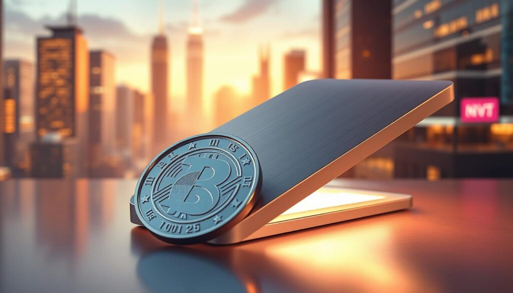A sleek, modern crypto wallet designed for seamless NFT transactions. The wallet's surface is crafted from brushed aluminum, with a minimalist interface illuminated by a soft, ambient glow. In the foreground, a high-resolution rendering of a non-fungible token, its intricate digital artwork shimmering with realism. The background depicts a stylized cityscape, skyscrapers and neon lights reflecting off the wallet's polished surface, creating a futuristic, tech-savvy atmosphere. Lighting is warm and directional, casting dramatic shadows that accentuate the wallet's angular design. The overall composition conveys a sense of sophistication, security, and the cutting edge of digital art and finance.