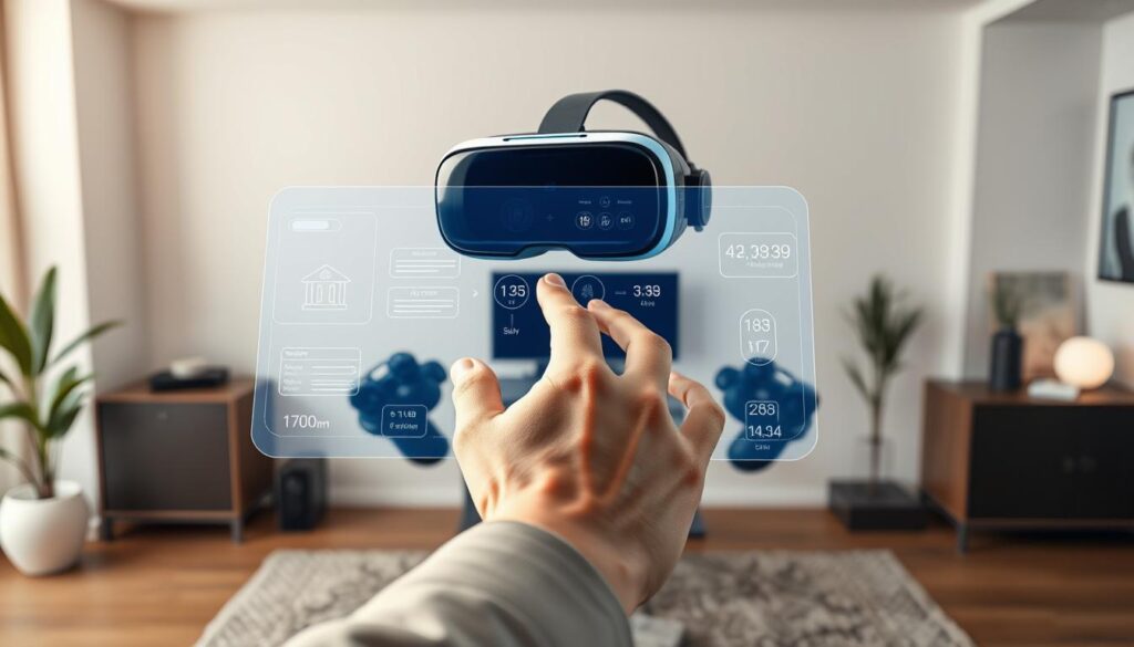 A sleek, modern crypto wallet setup showcasing a virtual reality interface. In the foreground, a user's hand interacts with a holographic display, navigating through a user-friendly digital wallet with smooth animations and intuitive controls. The middle ground features a high-resolution VR headset and motion controllers, immersing the user in a metaverse-inspired environment. The background depicts a minimalist, yet sophisticated home office setup with clean lines, subtle lighting, and futuristic decor, establishing a sense of technological sophistication. The overall scene conveys a seamless and immersive virtual real estate investment experience.