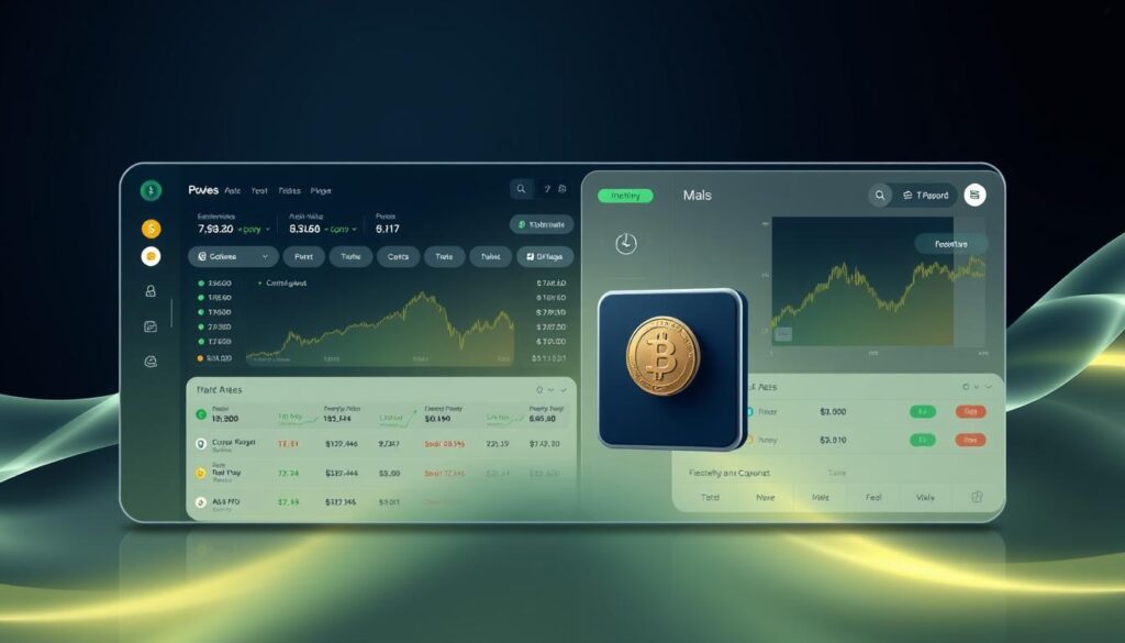 A sleek, modern cryptocurrency exchange interface with a seamless wallet integration experience. In the foreground, a responsive dashboard displays real-time exchange rates, trade history, and portfolio balances across multiple digital assets. In the middle ground, a user-friendly wallet management system allows secure storage, transfer, and exchange of funds with just a few taps. The background features a high-tech, minimalist design with gradient overlays and subtle 3D elements, conveying a sense of innovation, security, and cutting-edge financial technology.