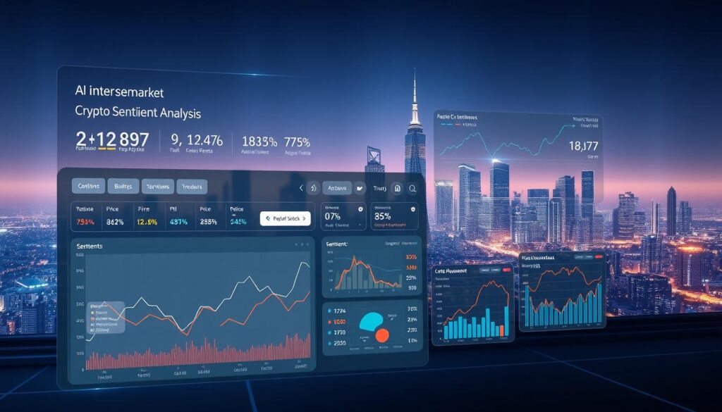 A sleek, modern data visualization dashboard depicting AI-driven crypto market sentiment analysis. The foreground features a large interactive chart showing sentiment trends across various cryptocurrencies, with customizable filters and metrics. The middle ground showcases a set of dynamic data visualizations, including real-time social media sentiment scores, trading volume spikes, and price movement correlations. In the background, a minimalist city skyline with futuristic architectural elements sets the scene, illuminated by cool, technological lighting. The overall atmosphere conveys a sense of data-driven insight, market intelligence, and forward-thinking crypto investment strategy.