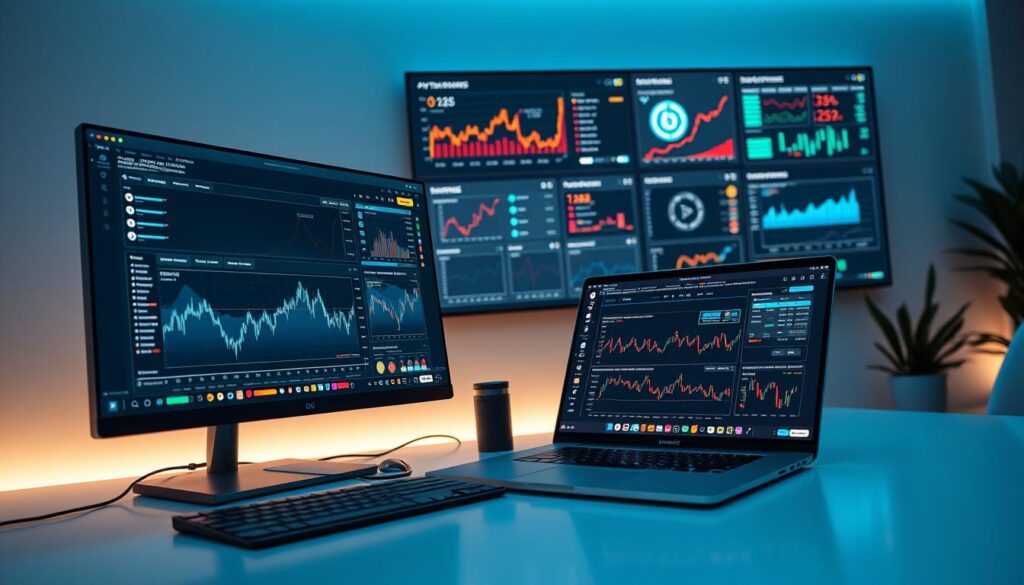 A sleek, modern desktop setup featuring an array of AI-powered crypto analysis tools. In the foreground, a high-resolution monitor displays real-time market data and algorithmic trading strategies. Beside it, a state-of-the-art laptop with a minimalist design runs sophisticated machine learning models, its screen filled with complex charts and visualizations. In the background, a large wall-mounted display showcases various crypto portfolio management dashboards, their interfaces elegant and intuitive. Subtle ambient lighting and a clean, minimalist aesthetic create a professional, futuristic atmosphere conducive to advanced financial analysis.