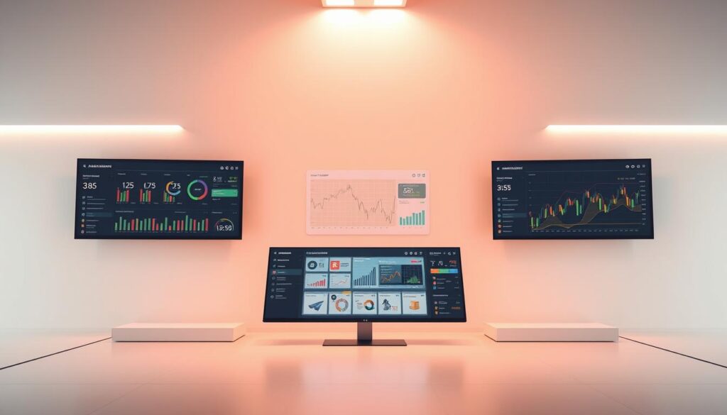 A sleek, modern digital asset management platform set against a minimalist backdrop. Crisp, clean lines and geometric shapes form the foreground, with a grid of digital assets and analytics displayed on high-resolution screens. Vibrant, muted colors create a sophisticated, futuristic atmosphere, while subtle lighting from above casts a warm glow across the scene. The overall composition conveys a sense of order, efficiency, and the seamless integration of technology into the investment management process. A scene that captures the essence of next-generation asset management for the modern investor.