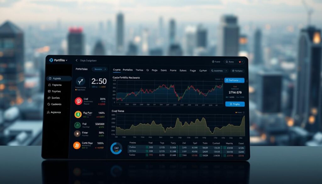 A sleek, modern digital dashboard displaying a comprehensive crypto portfolio management interface. The foreground features a clean, minimalist design with intuitive data visualizations and portfolio tracking tools. The middle ground showcases a dynamic chart tracking the performance of various cryptocurrency assets, with customizable time frames and price indicators. The background layer offers a blurred, futuristic cityscape, conveying a sense of technological sophistication. Soft, directional lighting accentuates the crisp, high-resolution interface, creating a visually striking and immersive user experience.