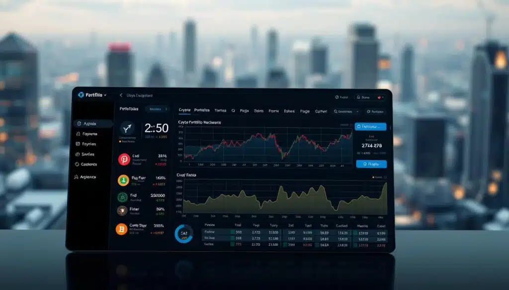 A sleek, modern digital dashboard displaying a comprehensive crypto portfolio management interface. The foreground features a clean, minimalist design with intuitive data visualizations and portfolio tracking tools. The middle ground showcases a dynamic chart tracking the performance of various cryptocurrency assets, with customizable time frames and price indicators. The background layer offers a blurred, futuristic cityscape, conveying a sense of technological sophistication. Soft, directional lighting accentuates the crisp, high-resolution interface, creating a visually striking and immersive user experience. A sleek, modern digital dashboard displaying a comprehensive crypto portfolio management interface. The foreground features a clean, minimalist design with intuitive data visualizations and portfolio tracking tools. The middle ground showcases a dynamic chart tracking the performance of various cryptocurrency assets, with customizable time frames and price indicators. The background layer offers a blurred, futuristic cityscape, conveying a sense of technological sophistication. Soft, directional lighting accentuates the crisp, high-resolution interface, creating a visually striking and immersive user experience.