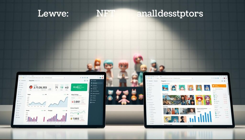 A sleek, modern digital workspace showcasing a side-by-side comparison of leading NFT analytics tools. In the foreground, a clean, minimal UI displays charts, graphs, and data visualizations for analyzing NFT rarity, rankings, and market trends. In the middle ground, various NFT avatars and digital collectibles are displayed, highlighting the tools' capabilities. The background features a subtle grid pattern, conveying a sense of structure and organization. The lighting is soft and diffused, creating a professional, polished atmosphere. The overall composition emphasizes the tools' functionality, ease of use, and comprehensive insights for NFT enthusiasts and collectors.