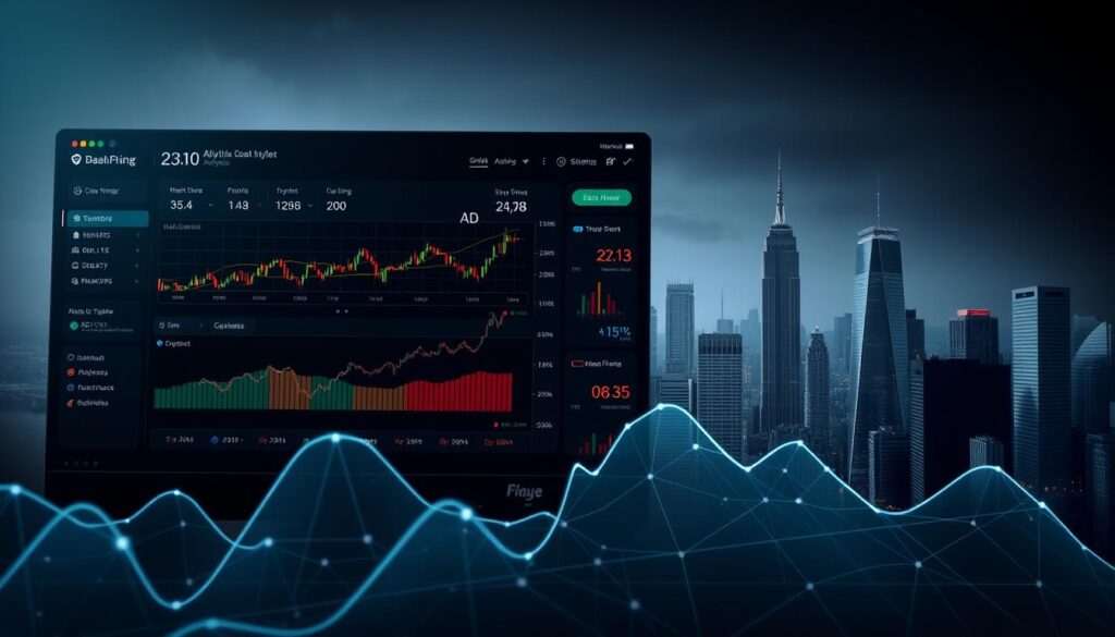A sleek, modern interface with a dark-themed dashboard prominently displaying real-time crypto market data, trading charts, and AI-powered analysis tools. In the foreground, a stylized graph visualizes the complex algorithmic trading strategies, while in the background, a cityscape with towering skyscrapers suggests the global, interconnected nature of the platform. Soft, directional lighting casts dramatic shadows, creating a sense of depth and precision. The overall mood is one of technological sophistication, financial power, and the seamless integration of human and artificial intelligence.