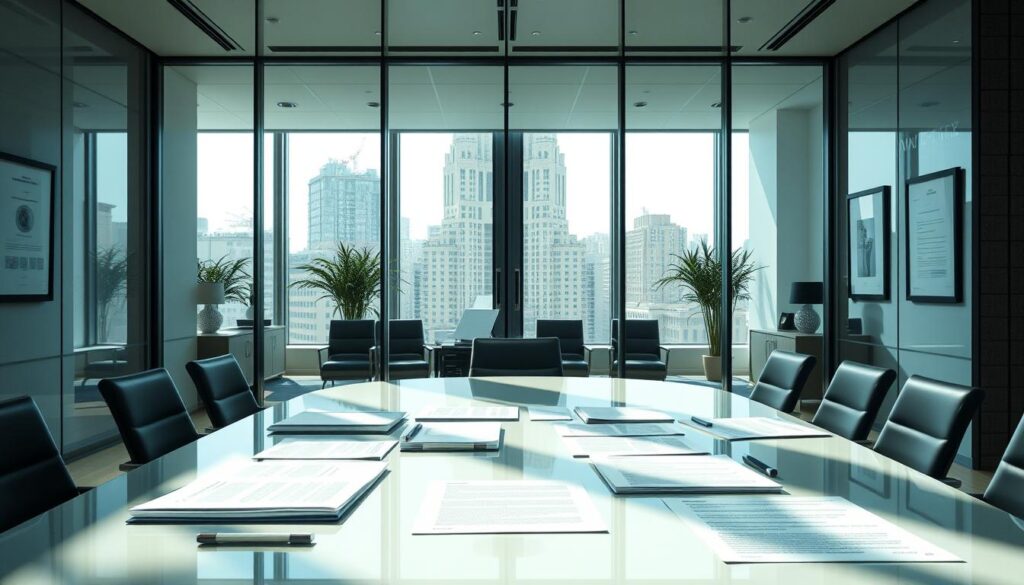 A sleek, modern office interior with a glass-enclosed conference room, representing the new SEC framework. The room is bathed in natural light from large windows, casting a warm, professional atmosphere. On the table, various documents and reports are neatly arranged, symbolizing the "generic listing standards" that companies must adhere to. The walls are adorned with minimalist artwork and framed securities regulations, conveying the regulatory nature of the subject. Subtle hints of technology, such as a laptop or tablet, suggest the digital aspects of the new framework. The overall scene evokes a sense of thoughtful deliberation and careful consideration of the approval process.
