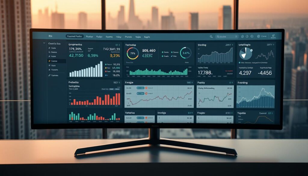 A sleek, modern risk management analytics dashboard displayed on a high-resolution ultrawide monitor. The foreground features a clean, minimalist user interface with intuitive data visualizations, including interactive charts, graphs, and risk metrics. The middle ground showcases a range of financial data, highlighting key performance indicators, volatility analysis, and portfolio optimization recommendations. The background subtly blends a cityscape with a calm, serene atmosphere, conveying a sense of control and confidence in the investment process. The lighting is warm and natural, creating depth and clarity throughout the scene. The camera angle is slightly elevated, providing an immersive, bird's-eye view of the comprehensive risk management analytics platform.