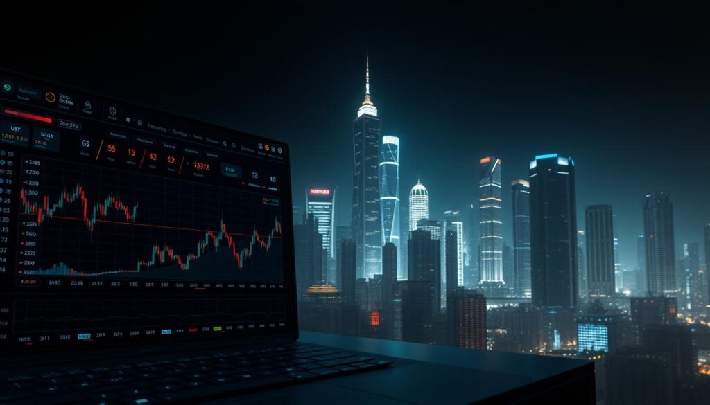 A sophisticated AI-powered crypto trading dashboard in a dark, futuristic setting. In the foreground, a sleek, minimalist interface with real-time charts, market data, and customizable trading indicators. The middle ground features advanced algorithmic trading algorithms and machine learning models processing vast amounts of data. In the background, a cityscape of towering skyscrapers bathed in a neon-tinged glow, symbolizing the global, interconnected nature of cryptocurrency markets. Soft, indirect lighting creates a moody, high-tech ambiance, while cinematic camera angles emphasize the power and precision of the AI-driven trading system.