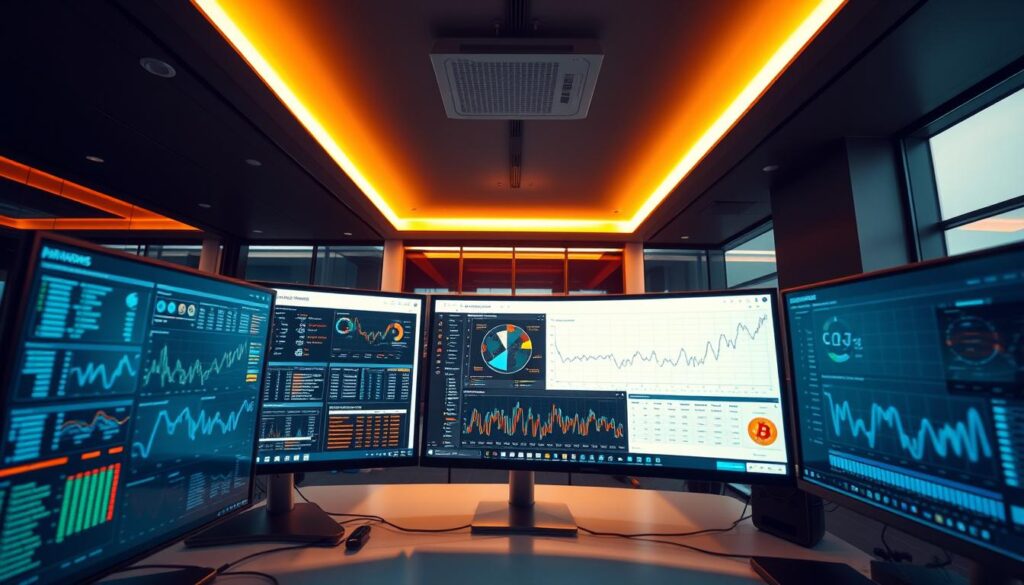 A sophisticated blockchain data analysis software interface, displayed on multiple high-resolution monitors set in a sleek, modern office environment. Detailed visualizations and charts showcase complex blockchain network data, with clean UI elements and intuitive data manipulation tools. Warm, directional lighting creates a professional, tech-forward atmosphere, while the camera angle provides an immersive, slightly elevated perspective to convey the power and depth of the analytical insights. The software's user interface seamlessly blends form and function, reflecting the cutting-edge nature of blockchain data analytics.
