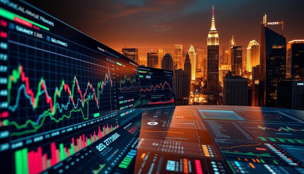 A sophisticated financial dashboard displays a myriad of strategic trading insights. In the foreground, a sleek line graph depicts real-time market performance data, its colors and curves conveying complex patterns and trends. Surrounding it, a series of interactive data visualizations and analytics tools, their intuitive interfaces designed to empower institutional investors with deep, actionable market intelligence. In the background, a cityscape of skyscrapers and financial landmarks is illuminated by a warm, golden glow, creating an atmosphere of power, dynamism, and opportunity. The entire scene is captured through a cinematic, wide-angle lens, emphasizing the grandeur and importance of the strategic trading insights on display.