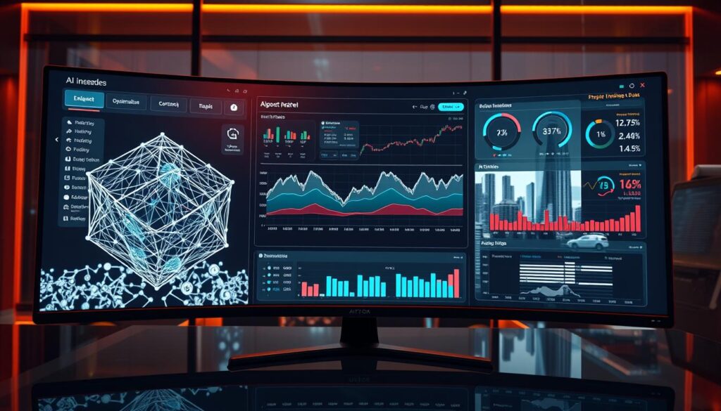 A sophisticated trading dashboard with advanced AI-powered insights, displayed on a sleek ultrawide monitor. In the foreground, a 3D visualization of a neural network model analyzing real-time market data. Algorithmic trading strategies are represented by elegant data visualizations and statistical charts. The middle ground features intuitive UI elements for risk management, portfolio optimization, and sentiment analysis. The background showcases a cityscape with skyscrapers, reflecting the fast-paced, high-tech nature of modern financial markets. Warm, dramatic lighting casts an air of precision and authority over the entire scene.