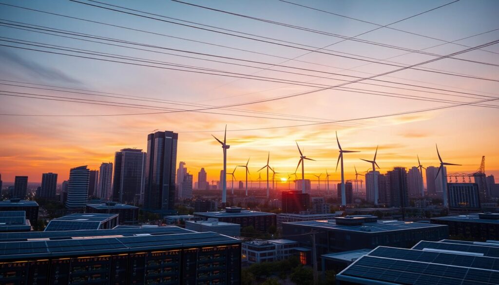 A sprawling cityscape at dusk, with sleek modern buildings and bustling activity. In the foreground, a large data center stands, its servers humming with energy-efficient processors. Solar panels adorn the rooftops, capturing the fading sunlight. In the middle ground, wind turbines spin steadily, their blades cutting through the air. Overhead, a network of power lines and smart grid infrastructure connects the various energy sources, creating a seamless and sustainable energy ecosystem. The scene is bathed in a warm, golden light, conveying a sense of progress and innovation in addressing the energy challenges of blockchain technology.