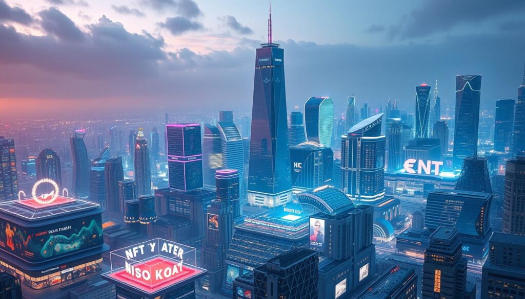 A sprawling cityscape of futuristic, holographic NFT platforms. In the foreground, a dazzling array of digital art galleries, their walls alive with vibrant, ethereal displays. In the middle ground, towering corporate headquarters of leading NFT marketplaces, their sleek, high-tech facades reflecting the sky. In the background, a skyline of gleaming skyscrapers, their windows glowing with the luminous energy of a thriving digital economy. Bathed in a soft, diffused light, the scene conveys a sense of awe and wonder at the rapid evolution of the NFT landscape, poised to transform the way we experience and exchange digital art and assets.