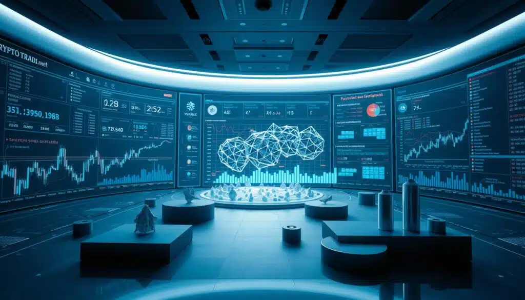 A sprawling crypto trading dashboard with real-time market data, sentiment analytics, and social media chatter. Elegant and minimalist interface in cool blues and grays, featuring candlestick charts, heatmaps, and sentiment indicators. Floating 3D crypto asset models in the foreground, casting dramatic shadows. Holographic data visualizations in the middle ground, pulsing with activity. Sleek, curved displays in the background, conveying a sense of technological sophistication. Dramatic backlighting creates an immersive, cinematic atmosphere. Captured with a wide-angle lens to emphasize the scale and complexity of the crypto market analysis system.