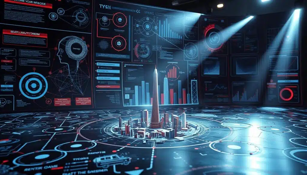 A sprawling data visualization on a metallic surface, depicting interconnected loyalty models. In the foreground, intricate network diagrams and charts illuminate the key aspects of loyalty program design. The middle ground features a 3D render of an isometric city, symbolizing the complex ecosystem of stakeholders. In the background, a cinematic lighting setup casts dramatic shadows, creating depth and atmosphere. The overall aesthetic is sleek, futuristic, and data-driven, reflecting the technical nature of mapping loyalty strategies.