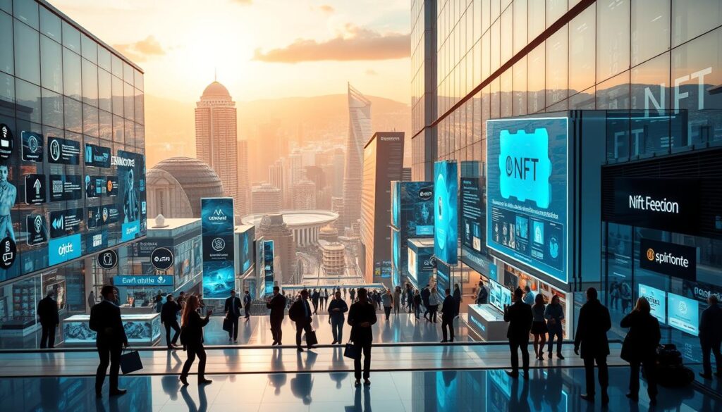 A sprawling digital marketplace, with various NFT platforms displayed as modern, glass-walled structures in a meticulously designed urban environment. The foreground showcases silhouetted figures browsing and interacting with the platforms, while the middle ground features sleek, futuristic interfaces and holographic displays highlighting the unique features of each marketplace. The background is a panoramic view of a gleaming, technologically-advanced cityscape, bathed in a warm, golden light that creates a sense of innovation and opportunity. The overall composition conveys the dynamic, competitive nature of the NFT marketplace landscape, inviting the viewer to explore and discover the ideal platform for their NFT art collection.