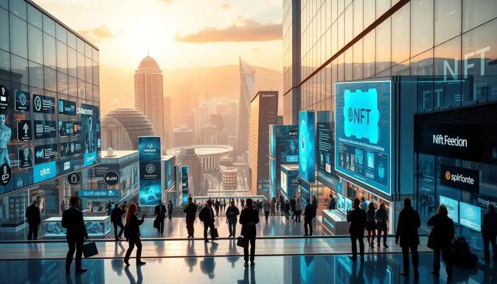 A sprawling digital marketplace, with various NFT platforms displayed as modern, glass-walled structures in a meticulously designed urban environment. The foreground showcases silhouetted figures browsing and interacting with the platforms, while the middle ground features sleek, futuristic interfaces and holographic displays highlighting the unique features of each marketplace. The background is a panoramic view of a gleaming, technologically-advanced cityscape, bathed in a warm, golden light that creates a sense of innovation and opportunity. The overall composition conveys the dynamic, competitive nature of the NFT marketplace landscape, inviting the viewer to explore and discover the ideal platform for their NFT art collection. A sprawling digital marketplace, with various NFT platforms displayed as modern, glass-walled structures in a meticulously designed urban environment. The foreground showcases silhouetted figures browsing and interacting with the platforms, while the middle ground features sleek, futuristic interfaces and holographic displays highlighting the unique features of each marketplace. The background is a panoramic view of a gleaming, technologically-advanced cityscape, bathed in a warm, golden light that creates a sense of innovation and opportunity. The overall composition conveys the dynamic, competitive nature of the NFT marketplace landscape, inviting the viewer to explore and discover the ideal platform for their NFT art collection.