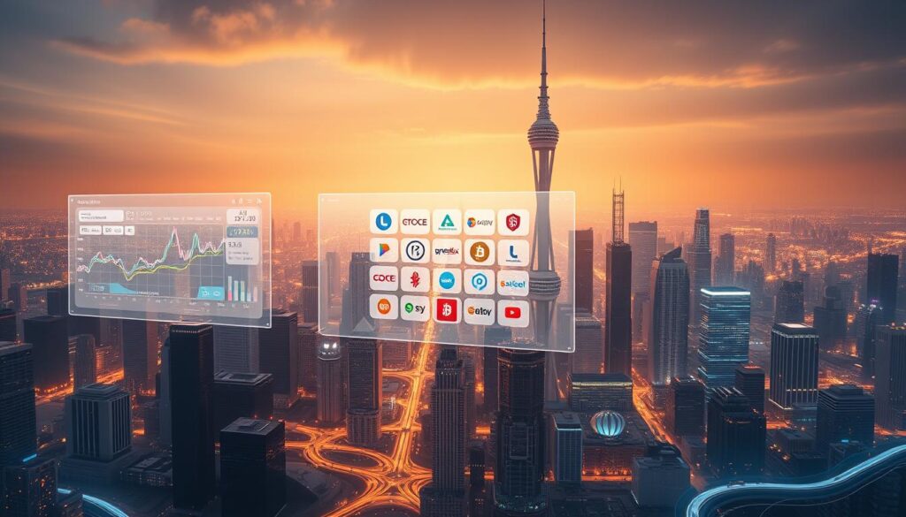 A sprawling futuristic landscape with a holographic display showcasing the comparative performance of leading crypto prediction platforms. The foreground features a sleek, transparent interface with intuitive data visualizations and real-time price charts. The middle ground presents a collage of platform logos and icons, arranged in a dynamic grid layout. In the background, a towering cityscape of gleaming skyscrapers and neon-lit towers, bathed in a warm, diffuse lighting that evokes a sense of technological advancement. The overall scene conveys a high-tech, data-driven atmosphere, inviting the viewer to explore and analyze the capabilities of these AI-powered cryptocurrency prediction tools.