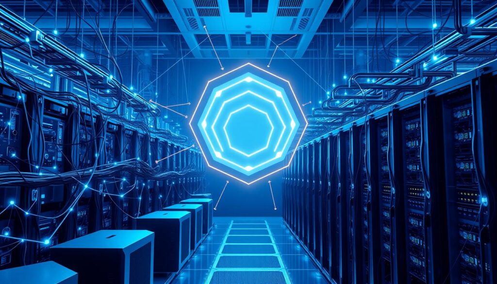 A sprawling, futuristic network of interconnected nodes and cables, with sleek, angular datacenters and server racks in the foreground. The backdrop features a stylized, holographic representation of the Internet Computer protocol, with glowing hexagonal shapes and lines symbolizing its decentralized, blockchain-based infrastructure. The lighting is a cool, ethereal blue, casting an aura of technological sophistication. The overall composition conveys the power and potential of the Internet Computer as a decentralized cloud platform for AI and Web3 applications.