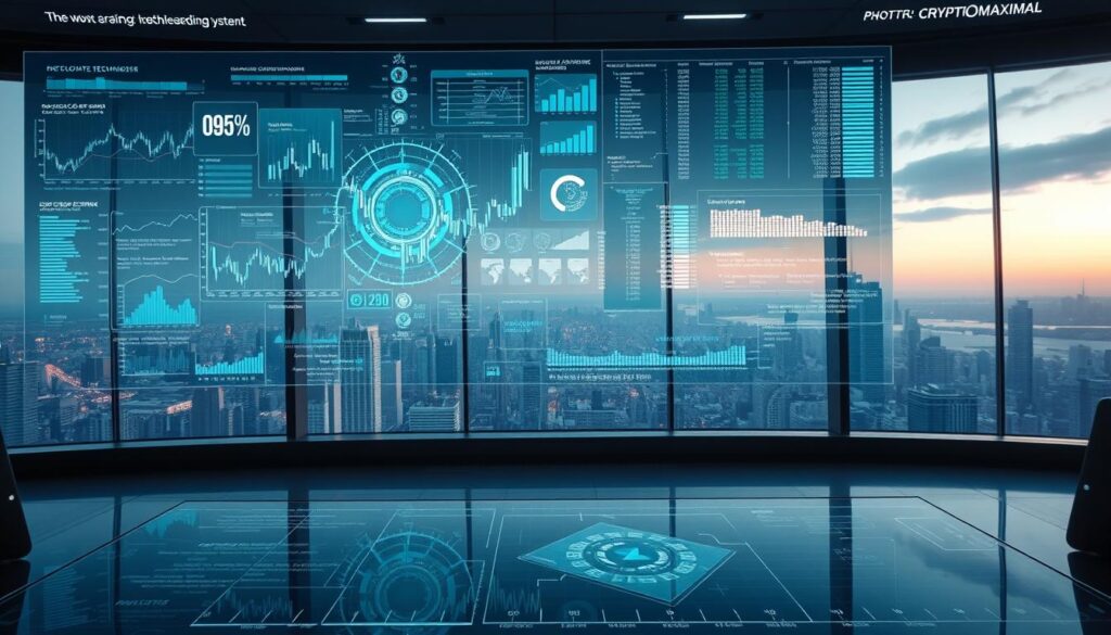 A sprawling holographic display hovers above a sleek, minimalist desk. Intricate charts, graphs, and code snippets flicker and pulse, reflecting the advanced backtesting techniques of the CRYPTOMAXIMAL AI trading system. The scene is bathed in a cool, cyberpunk-inspired lighting, casting dramatic shadows and highlighting the intricate details. In the foreground, a transparent touchscreen interface allows the user to manipulate the data, while in the background, a panoramic window offers a breathtaking view of a futuristic cityscape. The overall atmosphere conveys a sense of power, precision, and technological mastery.