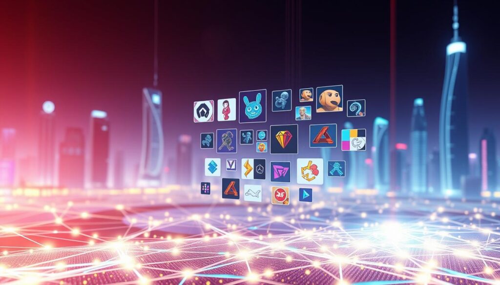 A stunning 3D render depicting the core elements of non-fungible tokens (NFTs). In the foreground, a sleek, holographic blockchain network pulsates with digital energy, representing the core infrastructure that powers these unique digital assets. In the middle ground, a collection of diverse NFT artworks floats in a seamless display, showcasing their individuality and value. The background features a captivating, futuristic cityscape, hinting at the integration of NFTs into the broader web3 ecosystem. The scene is bathed in a warm, ethereal light, conveying a sense of technological advancement and the endless possibilities of this innovative digital paradigm.