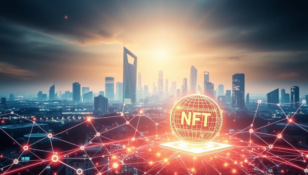 A stunning blockchain landscape bathed in a soft, ethereal glow. In the foreground, a shimmering, holographic representation of an NFT, its intricate details and vibrant colors captivating the viewer. The middle ground features a network of interconnected nodes, each representing a crucial component of the blockchain ecosystem. In the background, a towering, futuristic city skyline, its sleek, angular buildings and glowing windows hinting at the limitless potential of this cutting-edge technology. The entire scene is infused with a sense of wonder and innovation, inviting the viewer to explore the depths of the NFT universe.