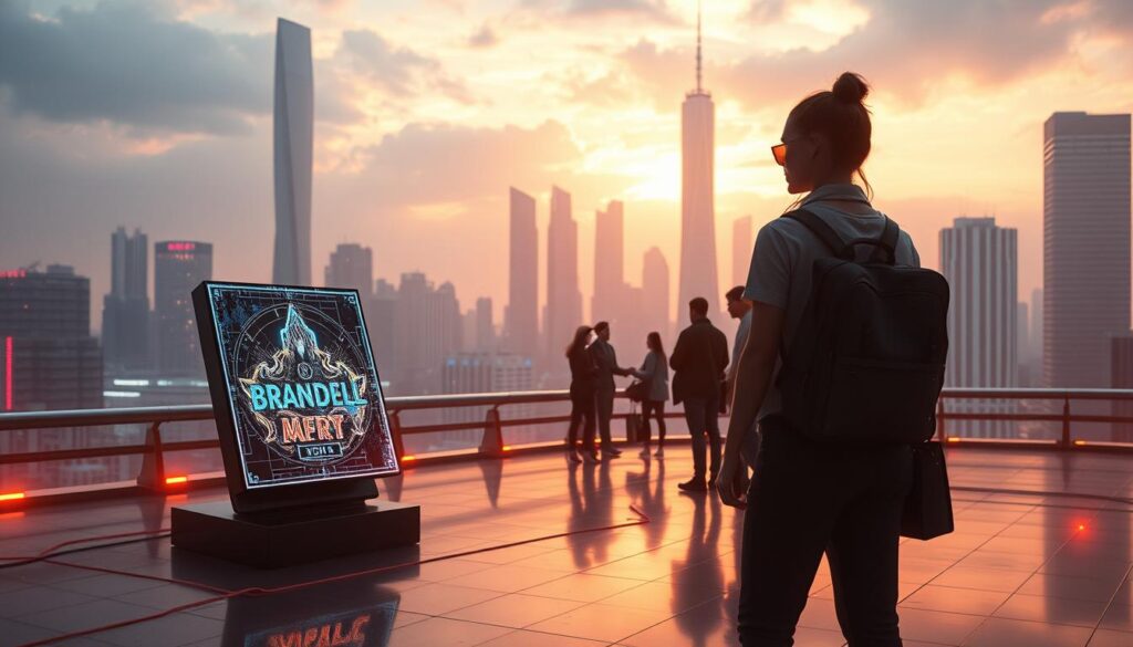 A stunning digital landscape depicting the intersection of brand loyalty and NFT rewards. In the foreground, a captivating NFT artwork shimmers, its unique design reflecting the brand's distinct identity. In the middle ground, a group of loyal customers interact with the NFT, unlocking exclusive experiences and benefits. The background features a sleek, modern cityscape, symbolizing the integration of cutting-edge technology into the customer loyalty experience. Warm, diffused lighting casts a welcoming glow, while a cinematic camera angle emphasizes the seamless fusion of brand, loyalty, and blockchain innovation.