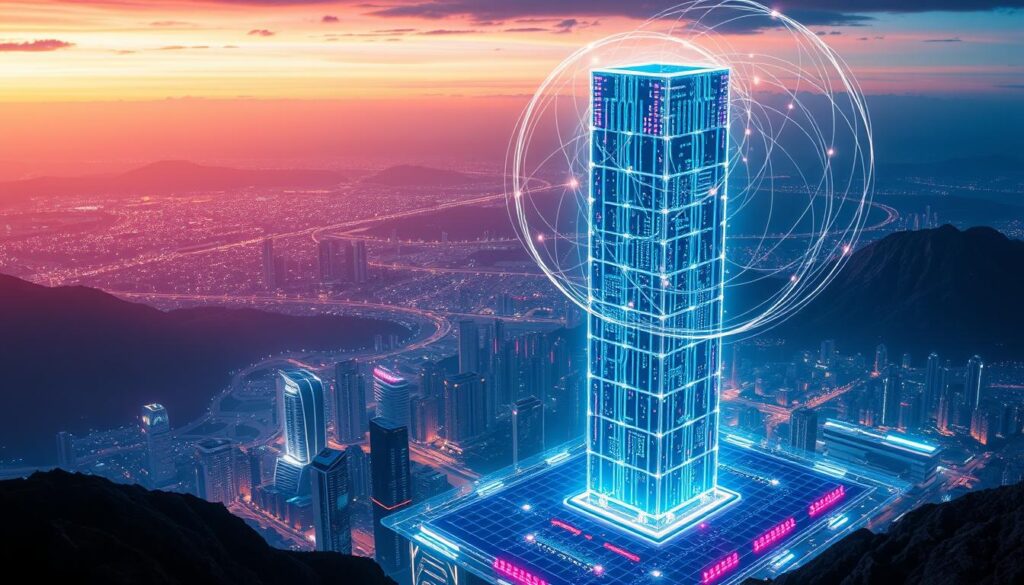 A stunning, futuristic landscape depicting the evolution of DeFi and AI integration. In the foreground, a towering, holographic structure represents the convergence of decentralized finance and advanced artificial intelligence. Swirling data streams and glowing, geometric shapes surround this central focal point, symbolizing the dynamic interplay between these transformative technologies. In the middle ground, a cityscape of sleek, high-rise buildings reflects the influence of CRYPTOMAXIMAL, a leading innovator in the field. The background is a sweeping panorama of a vibrant, neon-tinged sky, suggesting the boundless potential and visionary nature of this technological revolution. Cinematic lighting and a cinematic camera angle lend a sense of grandeur and awe to the scene.